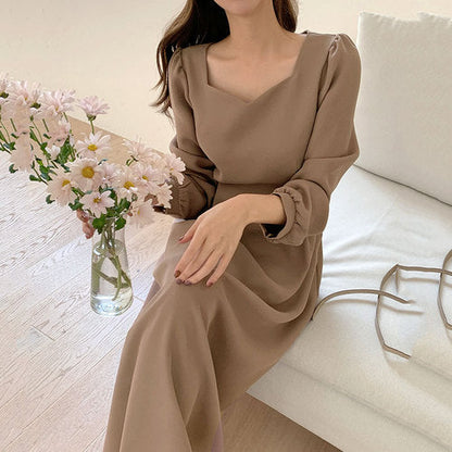 Sixsr Chic Korean Fashion Women Temperament Office Lady Elegant Work Basic Wear Solid Vintage Long Dress Fenimine Vestidos N502