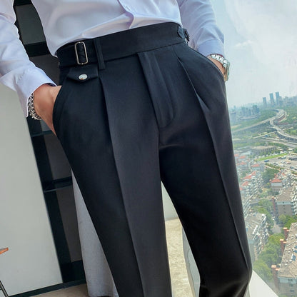 Sixsr New Design Men High Waist Trousers Solid England Business Casual Suit Pants Belt Straight Slim Fit Bottoms White Clothing