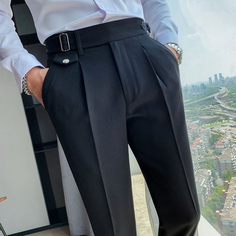 Sixsr New Design Men High Waist Trousers Solid England Business Casual Suit Pants Belt Straight Slim Fit Bottoms White Clothing