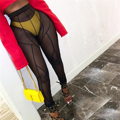 Sixsr New Sexy See-through Black High Waist Long Trousers Casual Sweatpants Women Autumn Elastic Pencil Pants Mesh Leggings