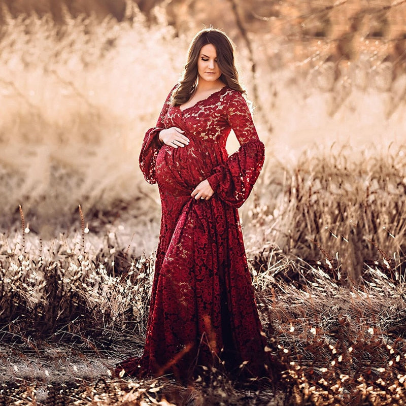 sixsr  Boho Style Lace Maternity Dress For Photography Maternity Photography Outfit Maxi Gown Pregnancy Women Lace Long Dress