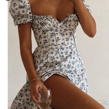 Sixsr Print Summer Dress Women Floral Short Puff Sleeves Square Collar Holiday MIDI Dress Female Drawstring High Slit Dress