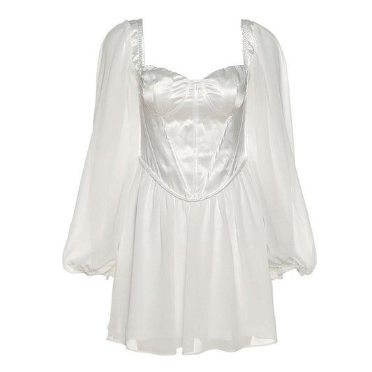 Sixsr Women Fashion Elegant High Waist Slim Solid White Office Lady A-Line Mini Dress  Spring Autumn New Women Party Dress