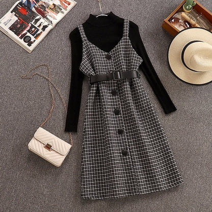 Sixsr Commuter style sweater dress sweater suit women autumn and winter new retro woolen plaid strap jumpsuit