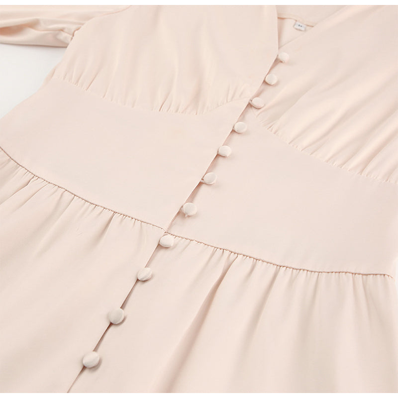 Sixsr Elegant spring satin bishop sleeve a-line dress women V-neck high waist button dress solid Vintage long dresses chic