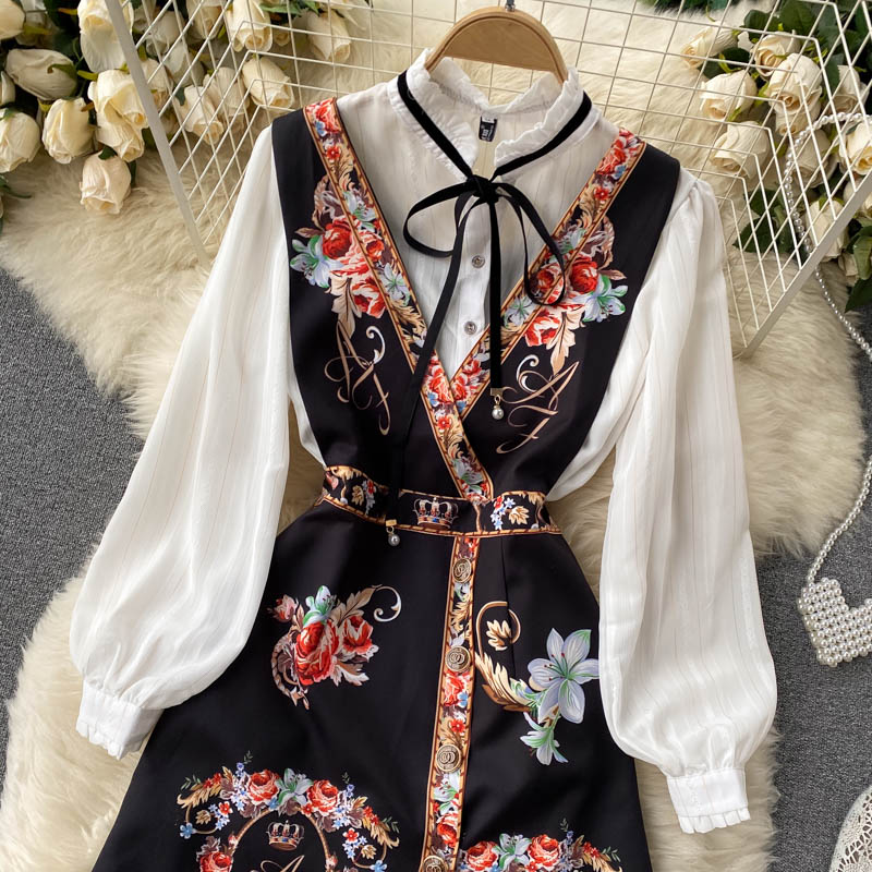 Sixsr Spring Autumn Elegant 2 Piece Set Overalls Dress Women Bow Collar White Shirt Top+ Irregular Flower Print V-Neck Vest Dress