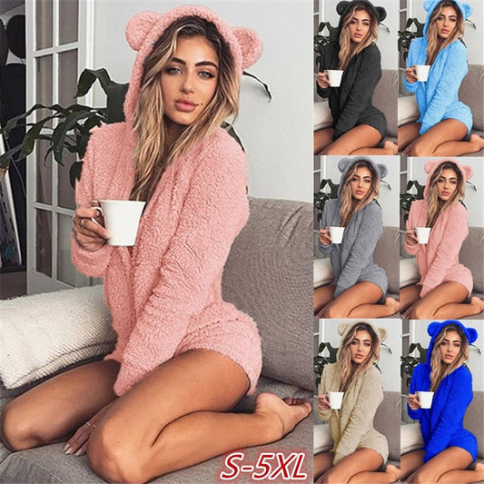 Sixsr Autumn Keep Warm Velvet Women Rompers Long Sleeve Bodysuit Cute Bear Ears Hoodie Casual Winter Long Sleeve Siamese Shorts