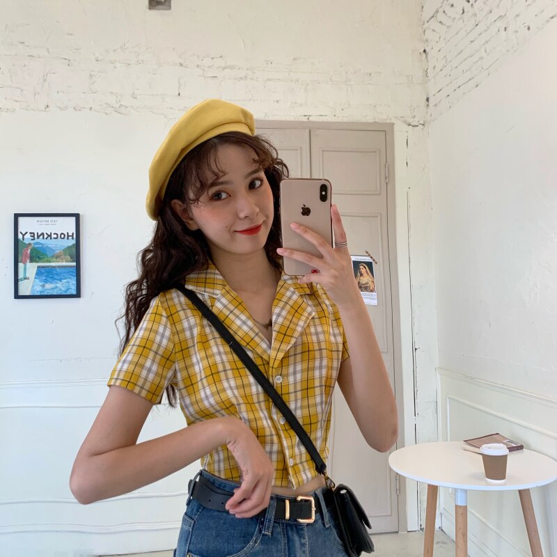 Summer blouse women vintage crop shirt streetwear plaid ladies tops elegant button up shirt korean crop top red