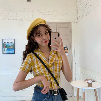 Summer blouse women vintage crop shirt streetwear plaid ladies tops elegant button up shirt korean crop top red