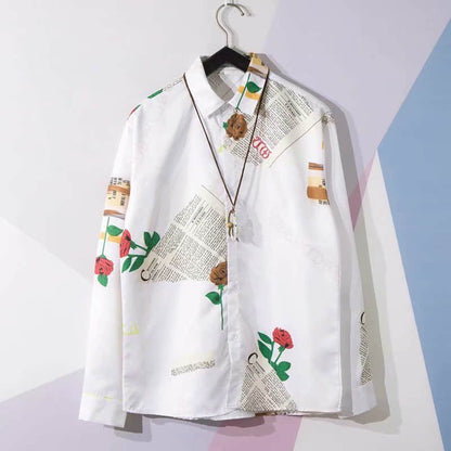 Newspaper shirt Korean trend men's shirt long-sleeved loose couple lovers shirt student all-match shirt 2024 fashion streetwear