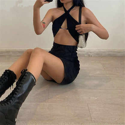 Woman Dress y2k Gothic Mini Dresses Sexy Deep V Neck e girl Streetwear Halter Black New Trendy 90s Vintage Christmas Party