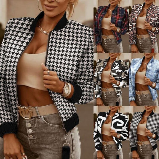 Sixsr Autumn Winter Women Plaid Zipper Jacket Fashion Printed Zipper Jacket Coat Women
