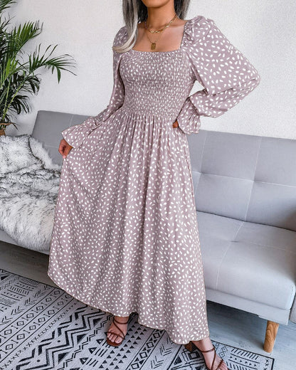 Sixsr Fashion New Print Square Collar Chiffon Dress Women Elegant Pleated Loose Dress Women Puff Sleeve Party Dresses for Women Robes 18123