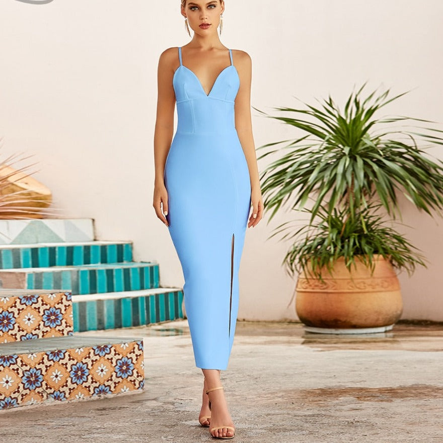 Sixsr New Summer Women White Bodycon Bandage Dress Sexy V Neck Spaghetti Strap Club Celebrity Evening Runway Party Maxi Dresses