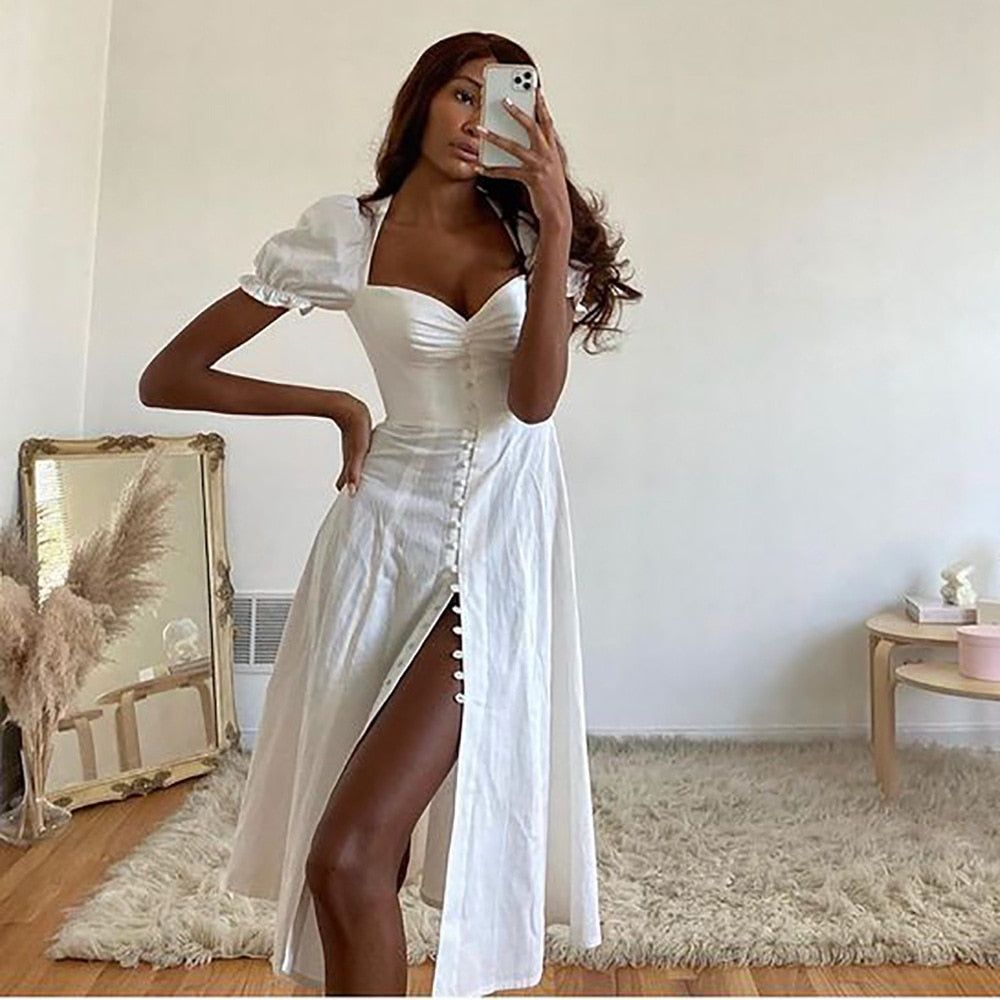 Sixsr Vintage Solid Button Midi Dress Sexy Party Club Bodycon Strapless High Split Dresses Women Spring Autumn Casual Vestidos