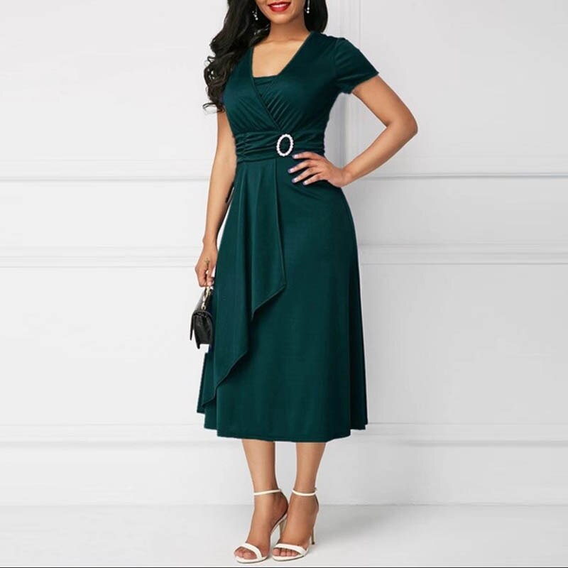 New Trends Retro Women High Waist Irregular Midi Dresses Summer Fashion V-neck Short Sleeve A-line Party Dress Elegant Office Lady Vestidos