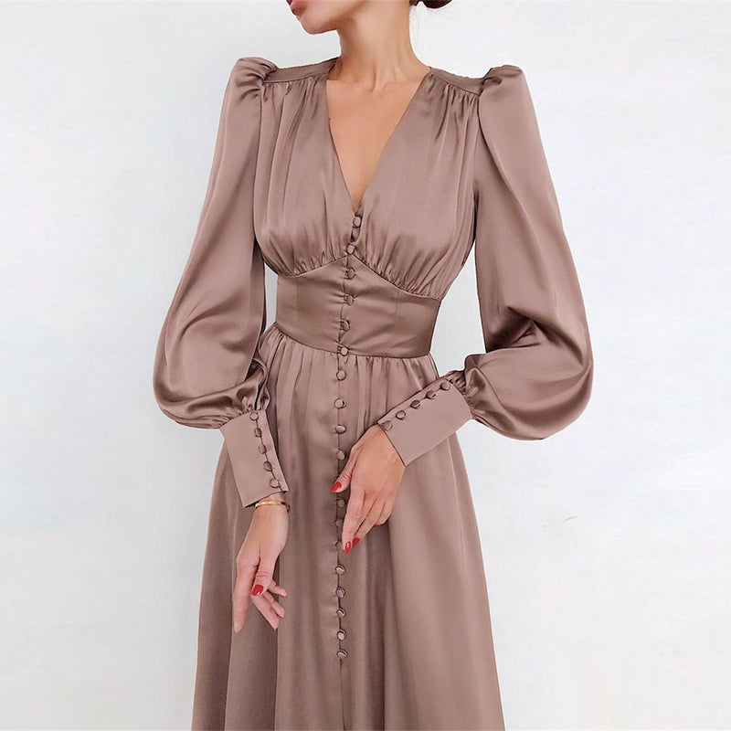 Sixsr Elegant spring satin bishop sleeve a-line dress women V-neck high waist button dress solid Vintage long dresses chic