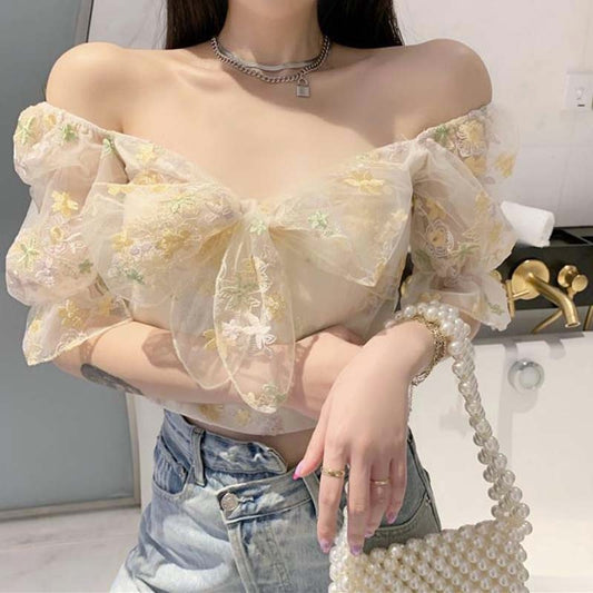 French Floral Dress Women Sexy Puff Sleeve Lace Chiffon Print Mini Dress Women Summer Korean Style Vintage Fairy Dress New