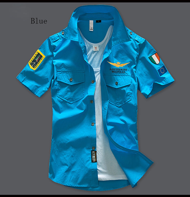 New Men's Shirts Summer Embroidery Short Sleeve Tops 100% Cotton Cool Casual Air Force Male Millitary Cargo Shirt Plus Size