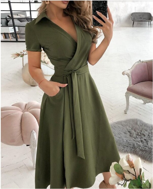 Sixsr Spring and Summer Fashion New Party Dress Short-sleeved V-neck Retro Dress with Printed Belt