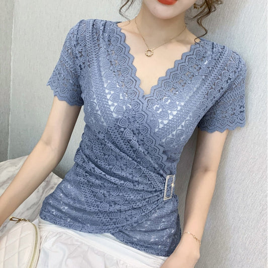 sixsr 5XL Women lace tops New Arrivals  Summer short sleeve v-neck women blouse shirt Sexy Hollow out lace tops plus size blusas