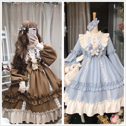 Sixsr Japanese Gothic Lolita Dress Women Kawaii Bow Bear Lace Blue Dress Long Sleeve Princess Dress Halloween Costume Gift For Girls