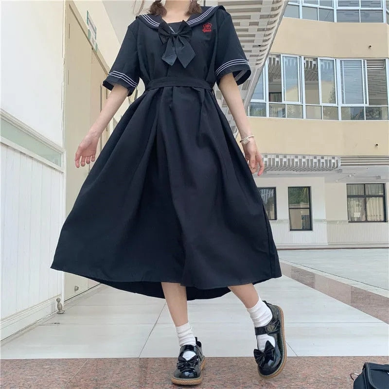 Sixsr Harajuku Sailor Collar Navy Dress Japanese Lolita Sweet Bow-knot Girl Retro Cotton Kawaii Preppy Style Short Sleeve Dress Women