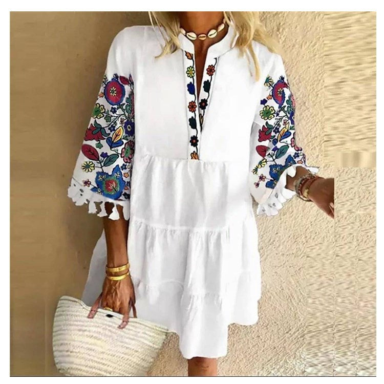 Fashion Tassel Sleeve Women Dress V Neck Lady Patchwork Dress Loose Casual Empire Knee Length Tassel Sleeve Dress