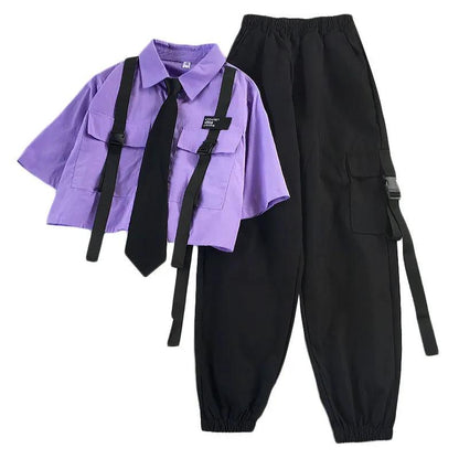 Sixsr Spring Womens Fashion Autumn Streetwear Pants High-Waist Straight Ribbon Cargo Pants Student Loose Short-Sleeved Shirt with Tie two-piece Set