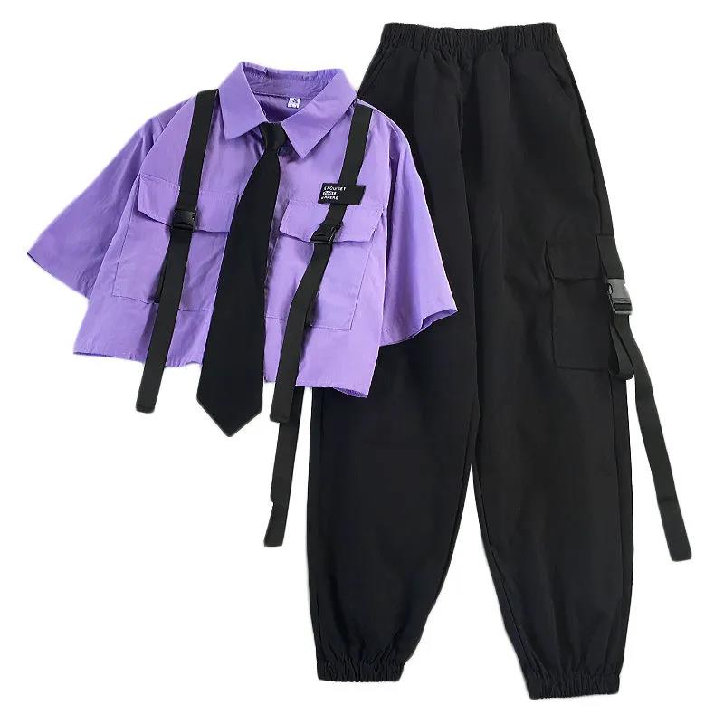 Autumn Streetwear Pants High-Waist Straight Ribbon Cargo Pants Student Loose Short-Sleeved Shirt with Tie two-piece Set