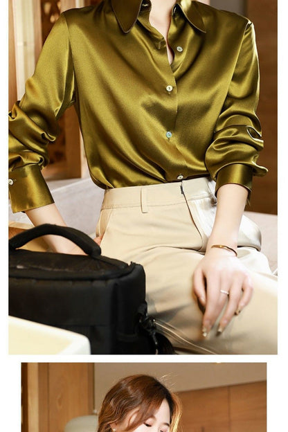 Sixsr Brand Quality Luxury Women Shirt Elegant Office Button Up Long Sleeve Shirts Momi Silk Crepe Satin Blouses for Women Fashion  Business Ladies Top