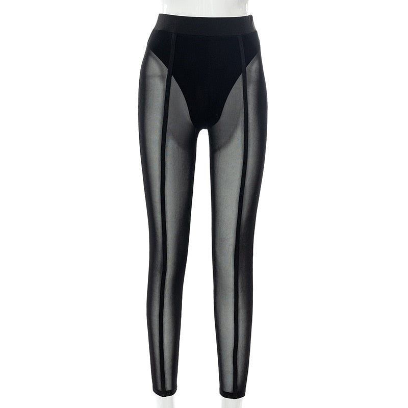 Sixsr New Sexy See-through Black High Waist Long Trousers Casual Sweatpants Women Autumn Elastic Pencil Pants Mesh Leggings