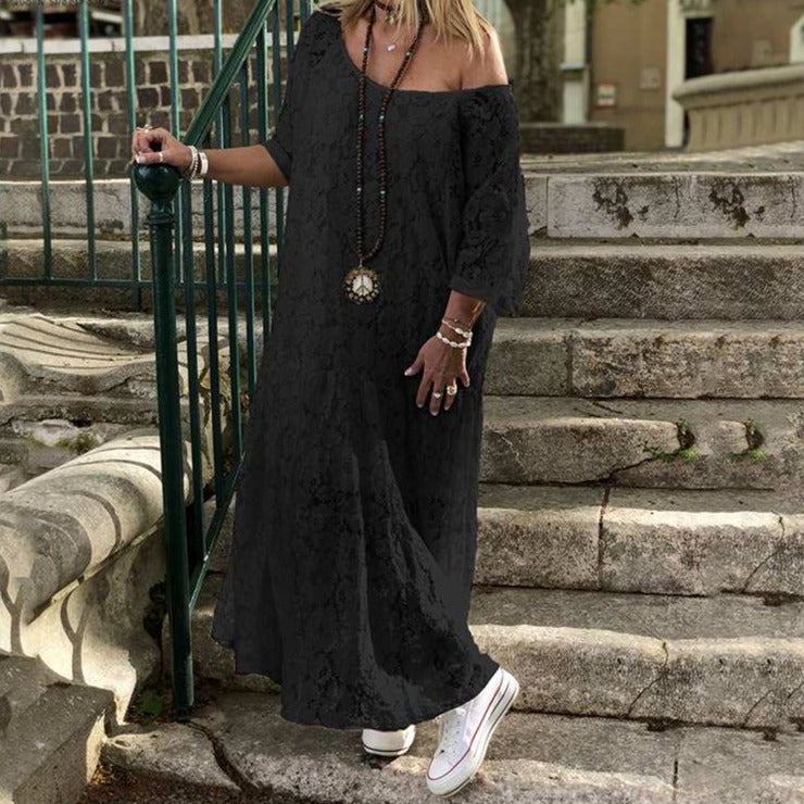 Women Lace Crochet Maxi Long Dress Summer 3/4 Sleeve Party Vestido Robe Femme Bohemian Sundress Casual Loose Autumn Dress