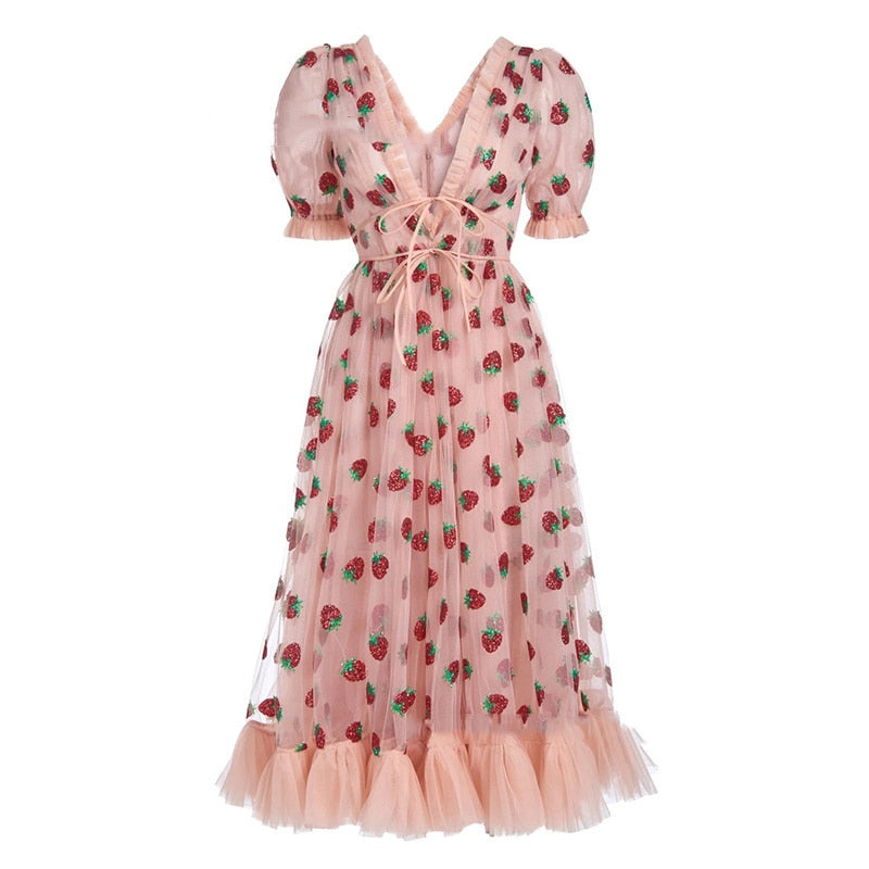 Strawberry Dress Women Fashion Deep V Puff Sleeve Sweet Voile Mesh Sequins Embroidery French Party Dresses 4XL 5XL