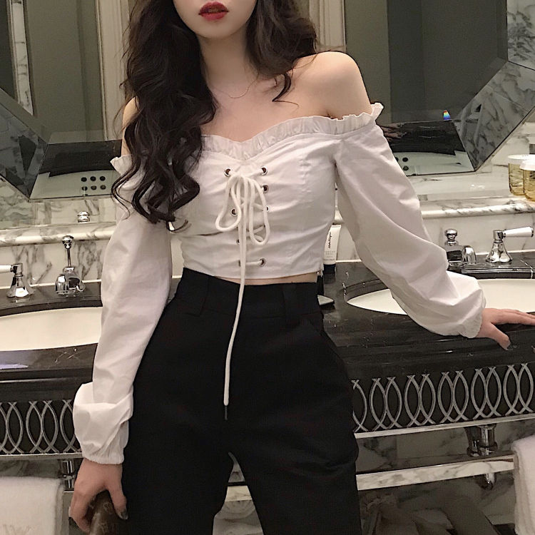 Sixsr Womens Off Shoulder Top Long Sleeve Ruffle Vintage Blouse With Puff Sleeves Lace Up Ladies Tops Bandage Crop Tops Black White