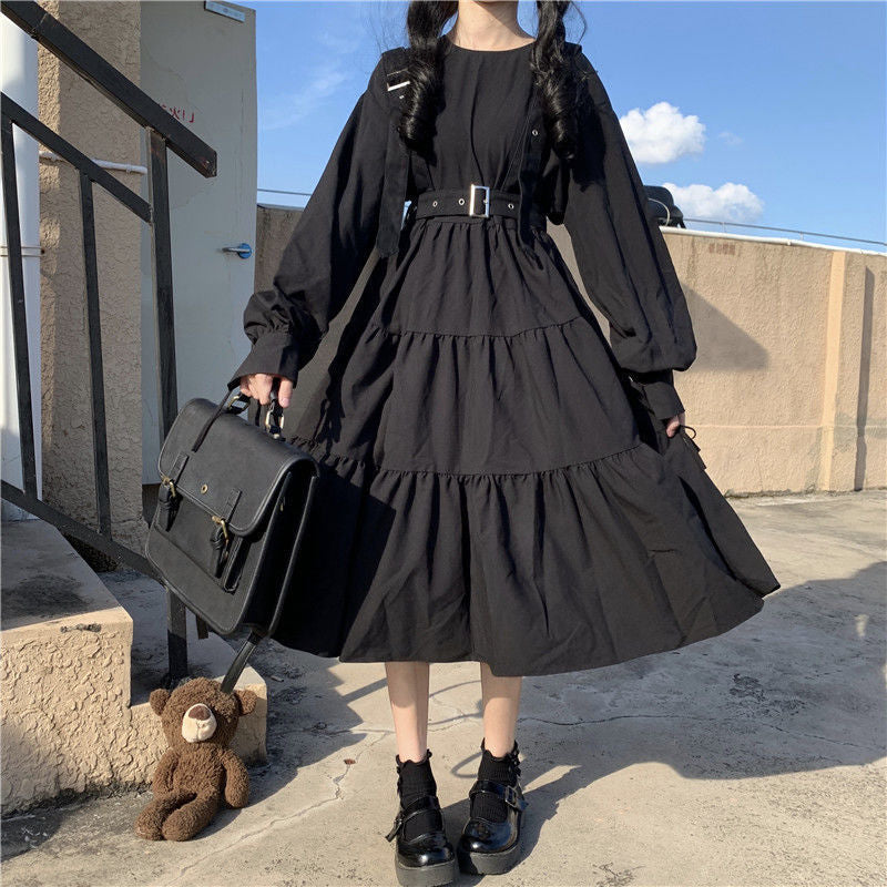 Sixsr Gothic Style Dress Women Harajuku Gothic Lolita Kawaii Dress Punk Cute Long Sleeve Black Midi Dress Emo Mall Goth