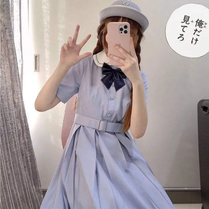 Sixsr Harajuku Sailor Collar Navy Dress Japanese Lolita Sweet Bow-knot Girl Retro Cotton Kawaii Preppy Style Short Sleeve Dress Women