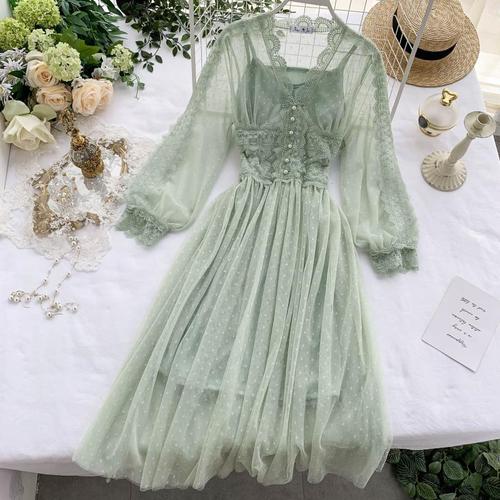sixsr Women Mesh Lace Crochet Dresses V-neck Elegant Prom Puff Sleeves Dress Women Summer Dot Prom Party Sexy Slim Swing Long Dress