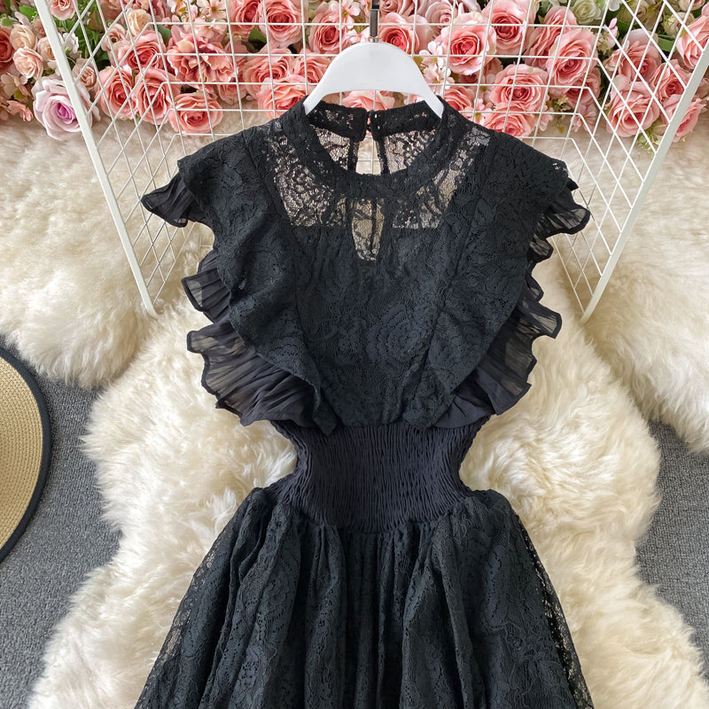 Sixsr Vintage Purple/Green/Red Lace Midi Dress Women Sweet Round Neck Ruffle Vestidos Female High Waist Slim Robe Spring Autumn