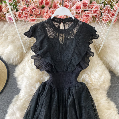 Sixsr Vintage Purple/Green/Red Lace Midi Dress Women Sweet Round Neck Ruffle Vestidos Female High Waist Slim Robe Spring Autumn
