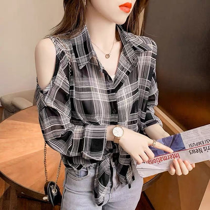 Beading Women's Elegant Blouse Office Outfits Feminine Shirts Off The Shoulder Long Sleeve Top Korean Fashion Designer New