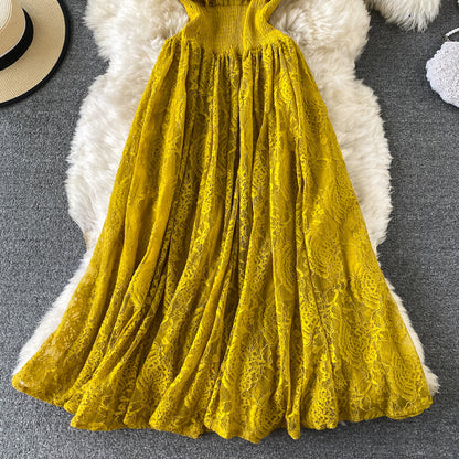 Sixsr Vintage Purple/Green/Red Lace Midi Dress Women Sweet Round Neck Ruffle Vestidos Female High Waist Slim Robe Spring Autumn