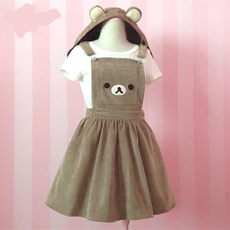 Sixsr Japanese Kawaii Rilakkuma Lolita Overall Dress Cute Bear Embroidery Hat Ball Gown Harajuku Lolita Dress Harajuku Cute Warm Dress