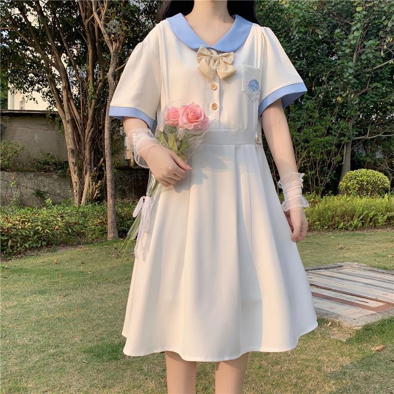 Sixsr Harajuku Sailor Collar Navy Dress Japanese Lolita Sweet Bow-knot Girl Retro Cotton Kawaii Preppy Style Short Sleeve Dress Women