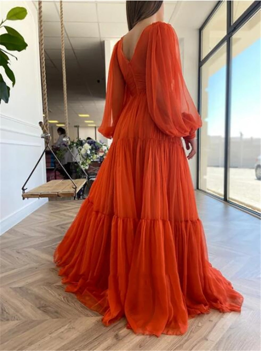 sixsr Long Puff Sleeves Prom Dresses V-Neck Pleats Chiffon Princess Evening Gowns Women Party Dress Plus Size Spring Autumn Dresses for Women