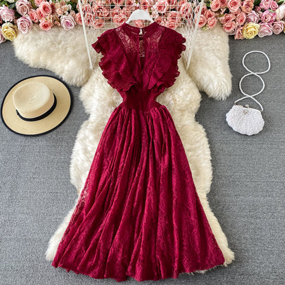 Sixsr Vintage Purple/Green/Red Lace Midi Dress Women Sweet Round Neck Ruffle Vestidos Female High Waist Slim Robe Spring Autumn