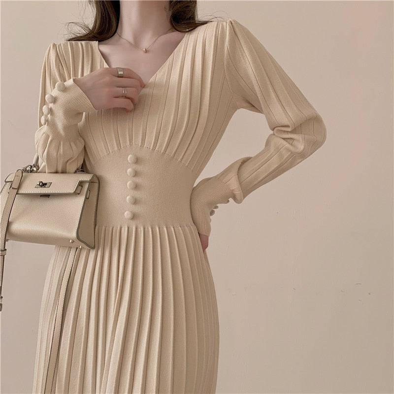 Sixsr Gifts for women winter night out outfit Elegant Chic Pleated Sweater Dress Women's Slim French Femme Vestido Spring Autumn Winter Fashion Single-Breasted