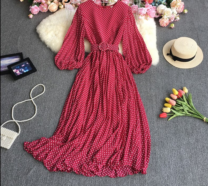 Sixsr New Spring Autumn French O-neck long sleeve Dress polka dot printing high waist lace up mid-length A-line pleated Dress