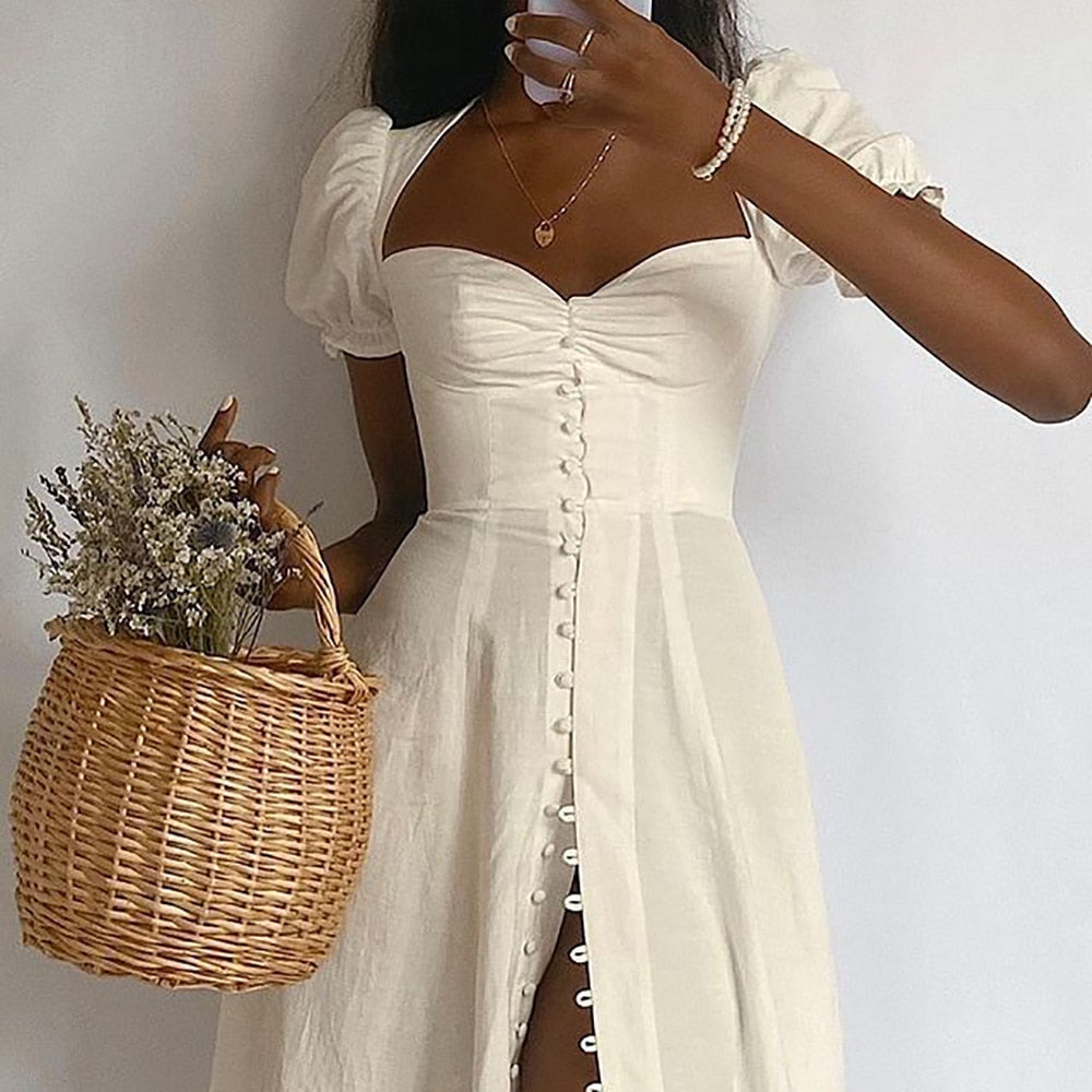 Sixsr Vintage Solid Button Midi Dress Sexy Party Club Bodycon Strapless High Split Dresses Women Spring Autumn Casual Vestidos
