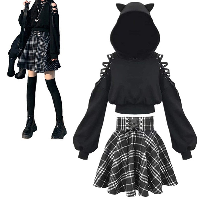 Sixsr Gothic Lolita skirt female S-XL multi-size autumn and winter high waist lace-up short check wool skirt mini ballet skirt